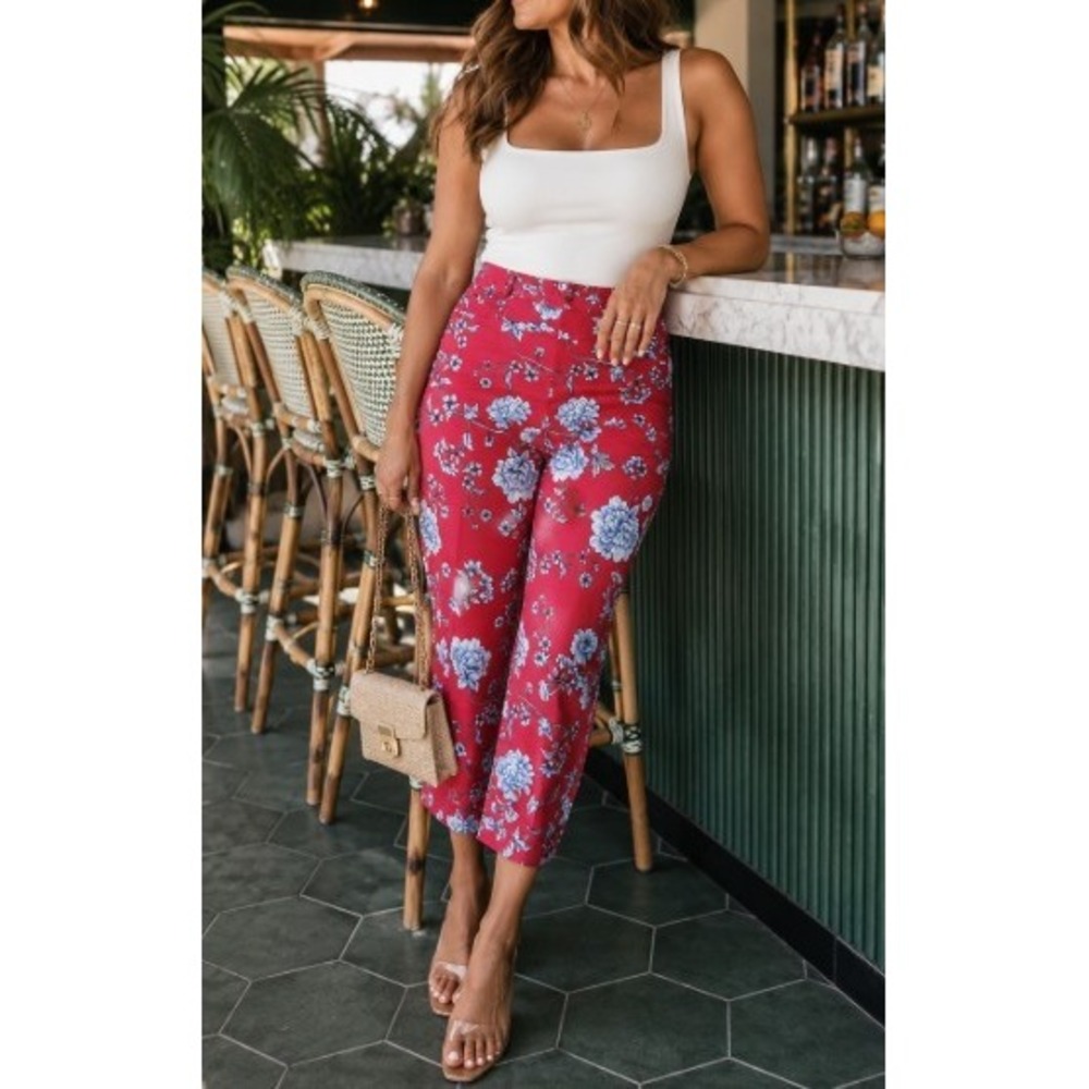 Roz & Ali Red Floral Ankle Pants Women Petite 12P Cotton Stretch Slacks - Picture 1 of 7